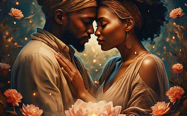 Psychic Solo performing a love attraction ritual with a rose quartz crystal, pink candles, and traditional African herbs to draw a soulmate.