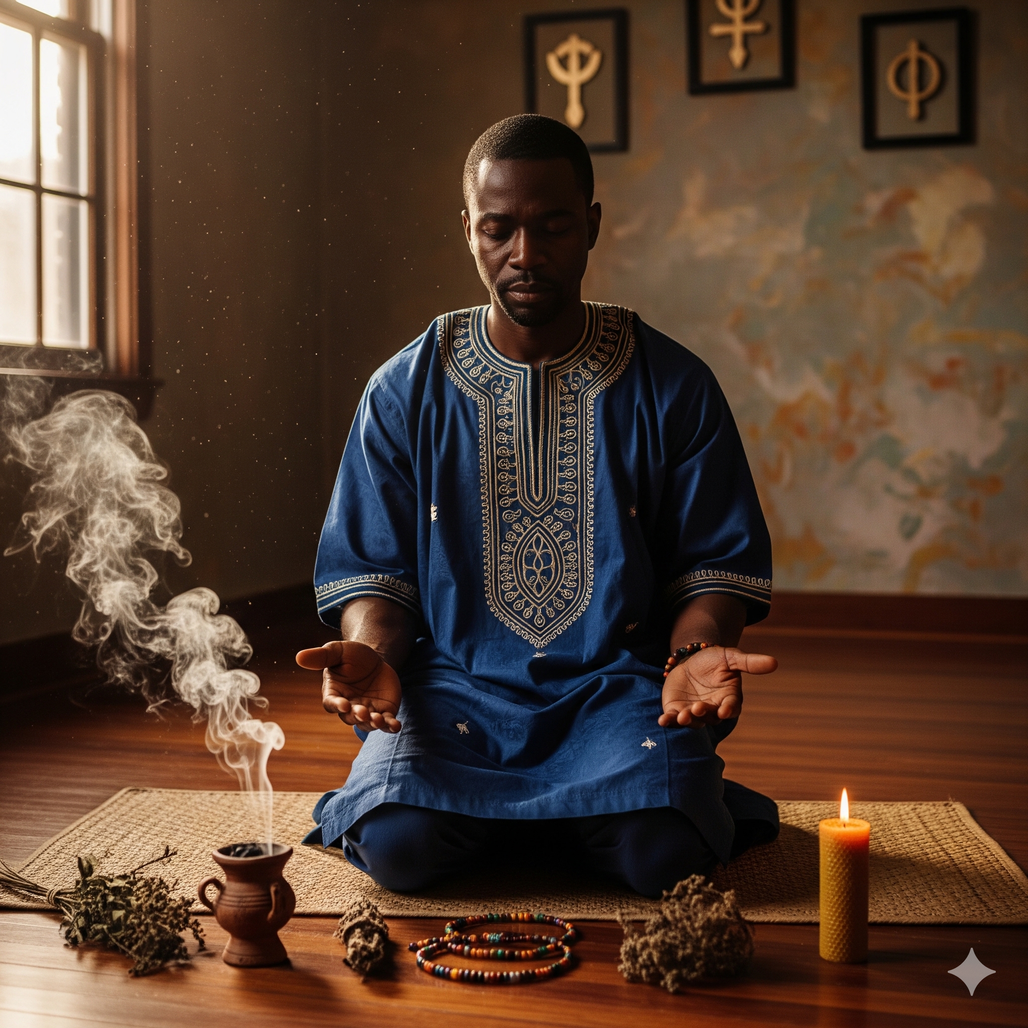 African Psychic Solo performing a spiritual ritual for emotional balance with candles and traditional herbs.