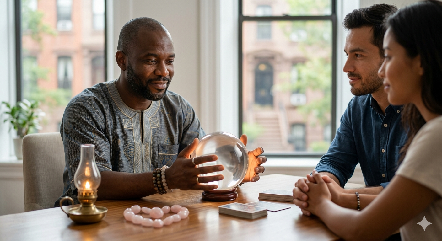 Psychic Solo, a USA-based psychic dressed in traditional attire, performing a crystal ball reading with rose quartz stones to help clients find their soulmate.