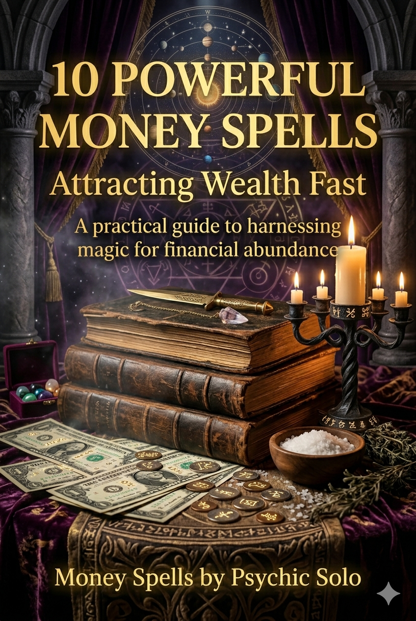 Spiritual money spell ritual by Psychic Solo featuring green candles, gold coins, and quartz crystals for wealth manifestation and prosperity.