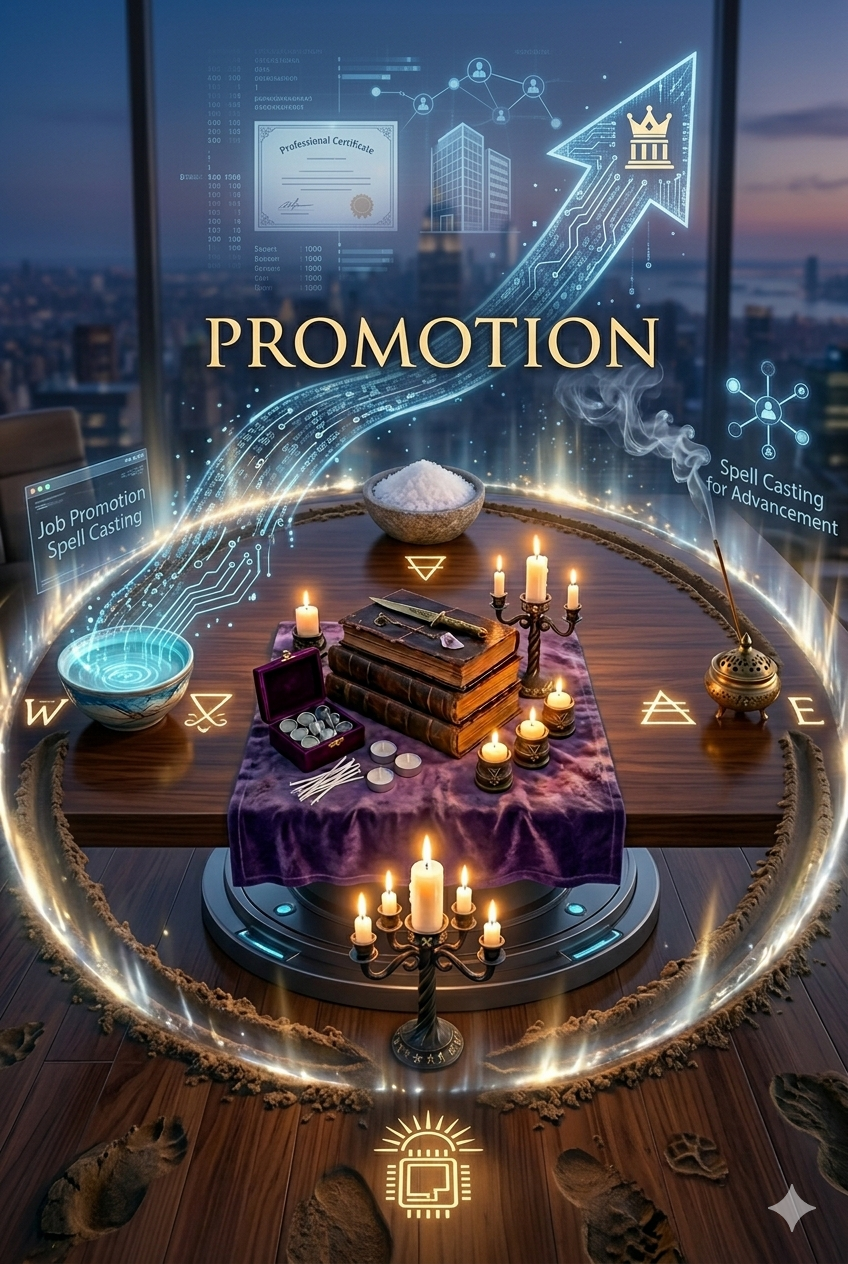 Spiritual job promotion spell ritual by Psychic Solo featuring a green candle, gold coins, clear quartz, and a symbolic 'step-up' arrangement of stones, surrounded by a subtle green aura on dark wood.