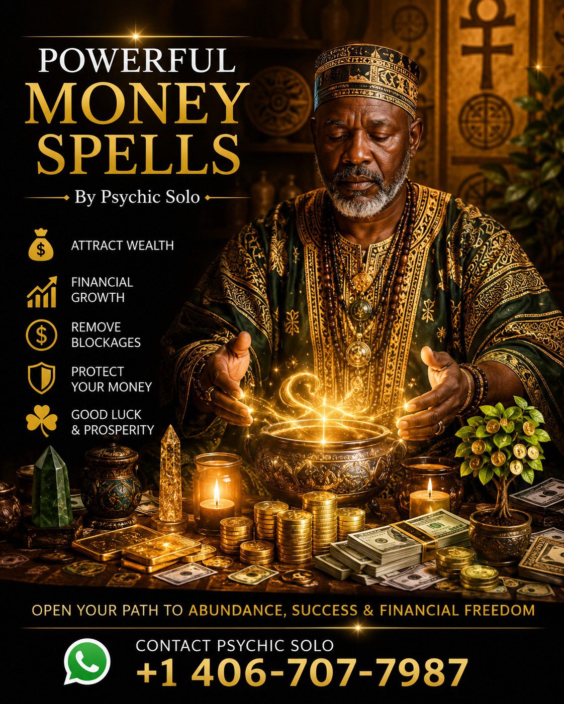 Powerful money spells ritual setup with green candles and herbs for attracting wealth
