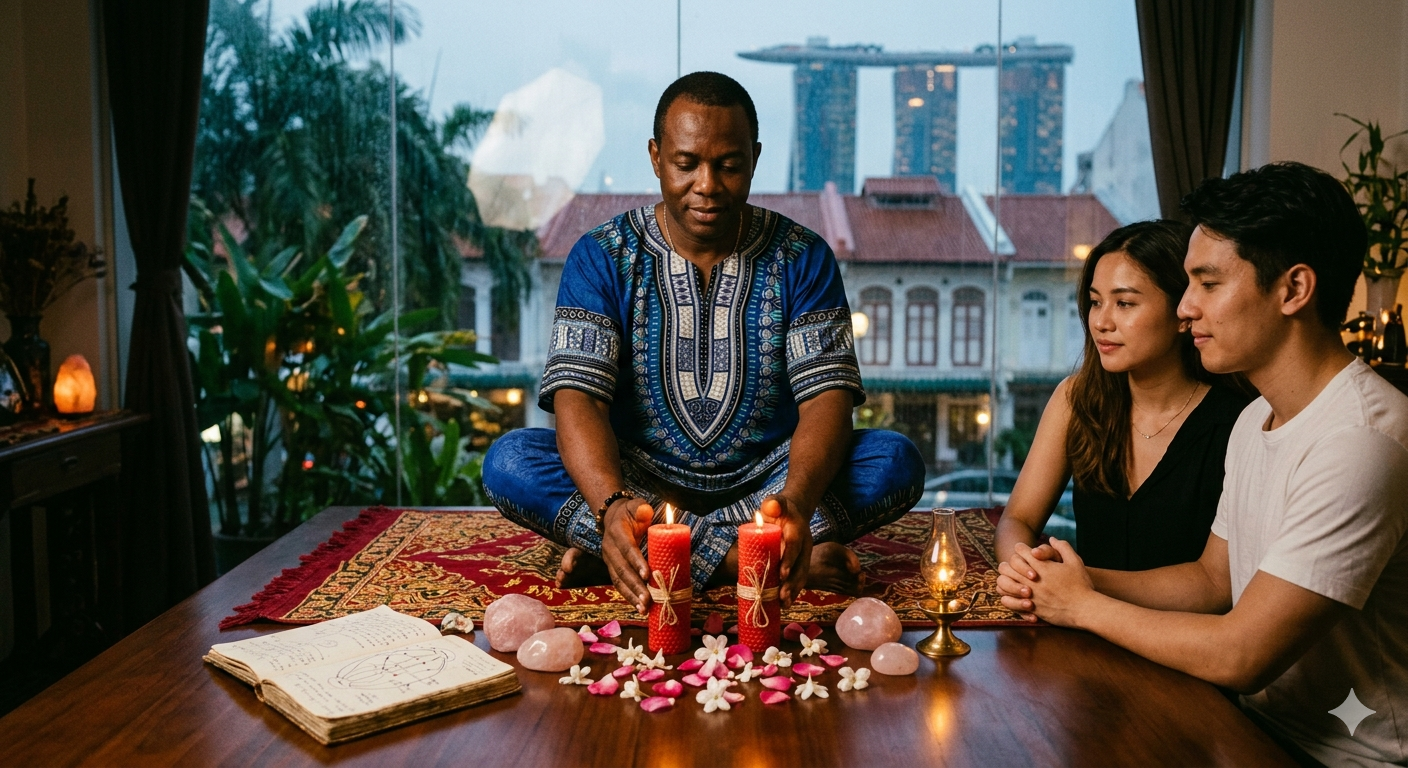 Psychic Solo, dressed in traditional dashiki, performing a detailed love binding ritual by tying consecrated red cord around intertwined white and red beeswax candles for a couple.