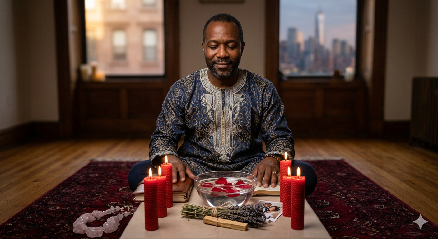 Psychic Solo performing a powerful love spell ritual with red candles, a water bowl with rose petals, and intertwined herbs, set against a blurred city skyline.