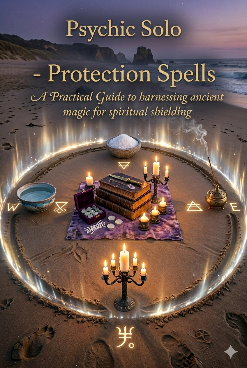 Spiritual protection spell ritual by Psychic Solo featuring a strong circle of salt, a lit blue candle, dark obsidian stones, and an iron key for warding off negative energy.