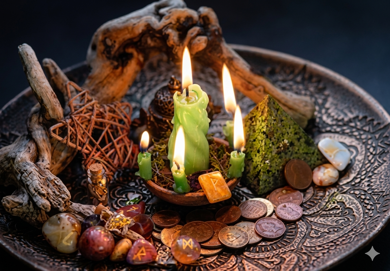 Spiritual financial prosperity charm by Psychic Solo featuring a green jade pyramid, gold coins, clear quartz, and a symbolic green silk ribbon with "PROSPERITY" in gold on dark wood.