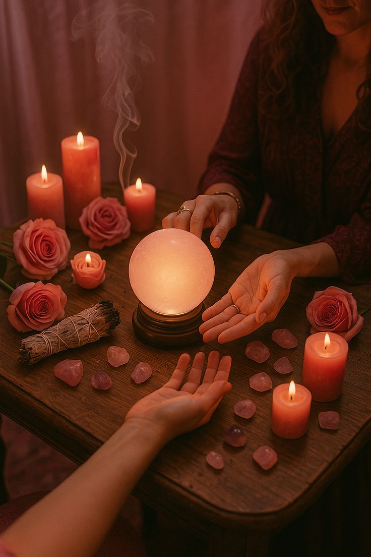 Spiritual ritual for removing black magic, featuring Psychic Solo's setup on dark wood with a lit white candle, sage bundle, amethyst, a bowl of sea salt, and a symbolic silver key.