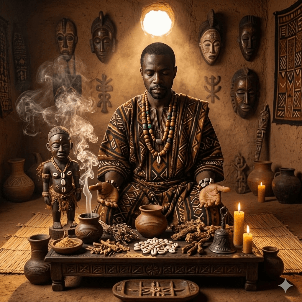 Psychic Solo, a psychic dressed in sophisticated blue and gold patterned traditional attire, conducting a professional crystal ball reading with rose quartz stones and tarot cards for clients in the USA.