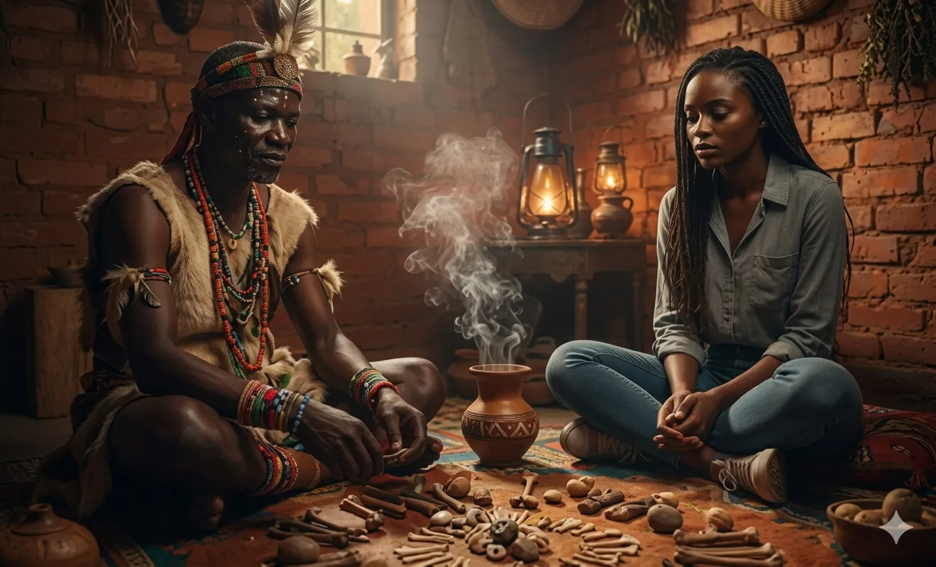 Psychic Solo performing a traditional spiritual reading and bone-throwing ritual for a female client in a sacred space.