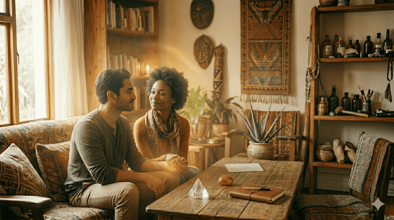 Two figures spiritually connected by glowing energy threads, representing connection support for couples and families by Psychic Solo