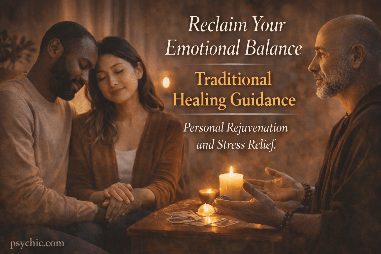 Traditional African spiritual guide providing a rejuvenating healing consultation for a couple, focusing on emotional balance and personal well-being, in a peaceful, natural environment.