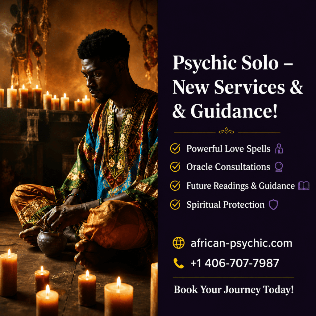Psychic Solo offering spiritual guidance services including relationship support, oracle consultations, energy protection, and personal guidance in a candlelit traditional setting.